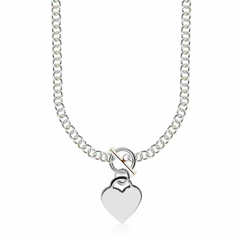 An image displaying Sterling Silver Rhodium Plated Rolo Chain Necklace with a Heart Toggle Charm by Orca Market