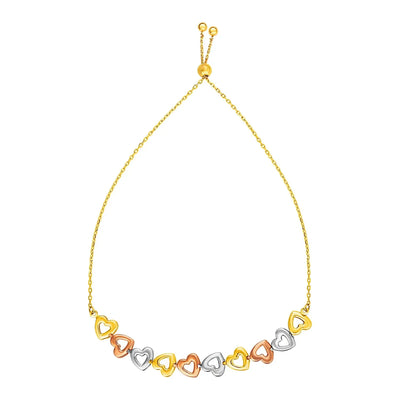An image displaying Adjustable Bracelet with Shiny Open Hearts in 14k Tri Color Gold by Orca Market
