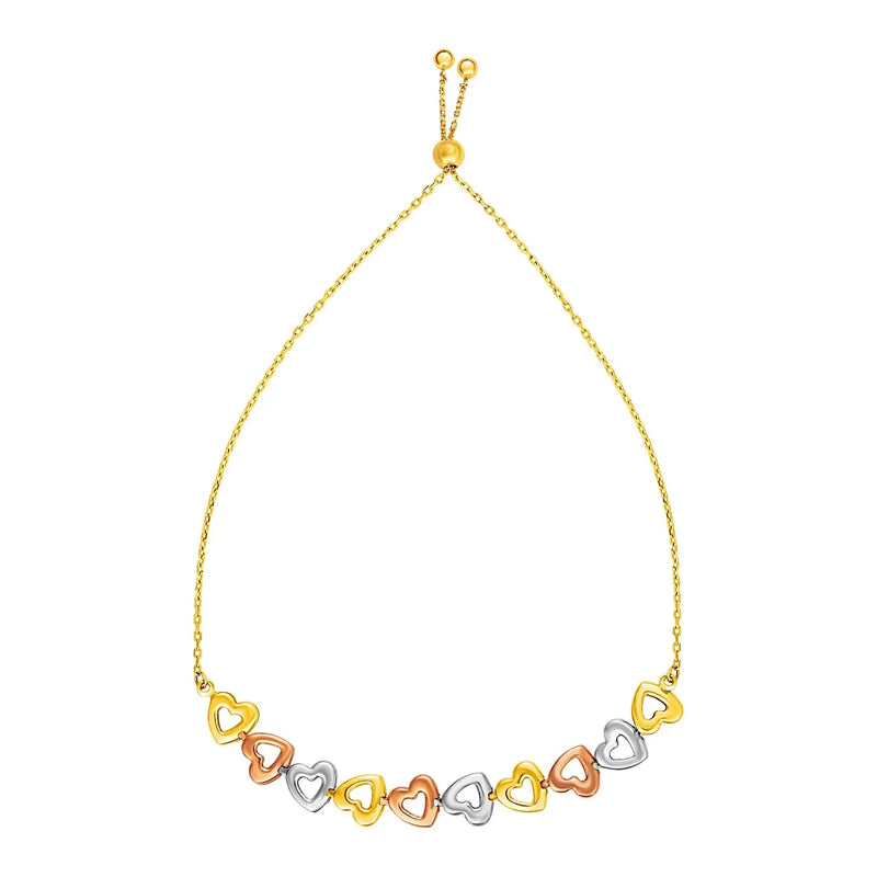 An image displaying Adjustable Bracelet with Shiny Open Hearts in 14k Tri Color Gold by Orca Market