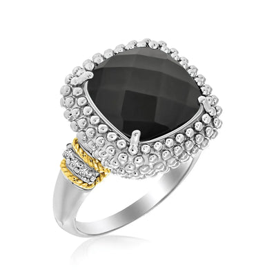 An image displaying 18k Yellow Gold & Sterling Silver Black Onyx and Diamond Popcorn Cushion Ring by Orca Market