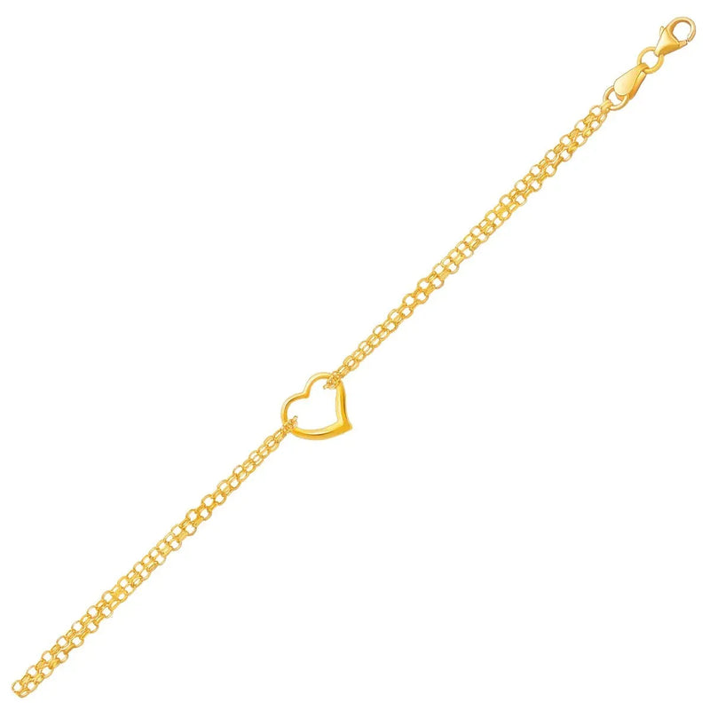 An image displaying 10k Yellow Gold Double Rolo Chain Anklet with an Open Heart Station by Orca Market