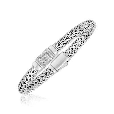 An image displaying Sterling Silver Weave Motif Bracelet with White Sapphire Accents by Orca Market