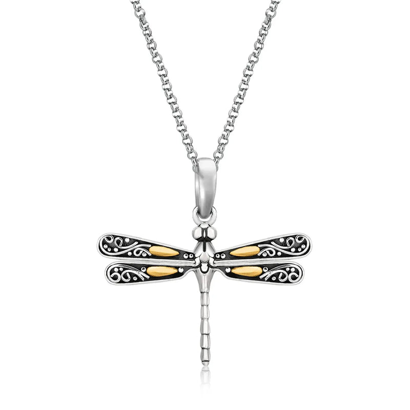 An image displaying 18k Yellow Gold and Sterling Silver Pendant in a Dragonfly Design by Orca Market