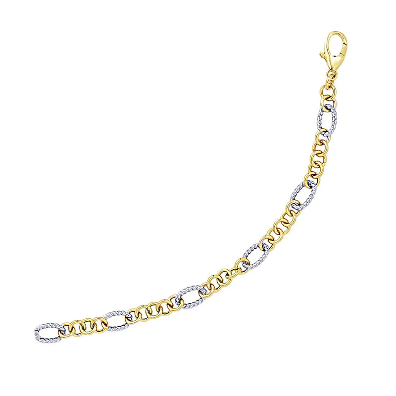 An image displaying 14k Two-Tone Gold Rope Motif Oval and Round Link Chain Bracelet by Orca Market
