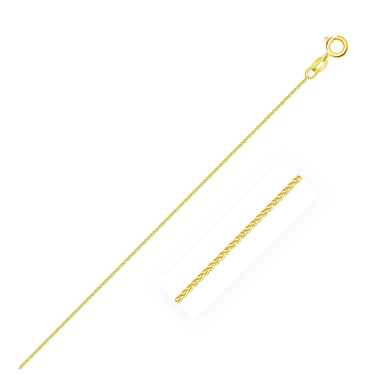 An image displaying 14k Yellow Gold Diamond Cut Round Wheat Chain 0.6mm by Orca Market