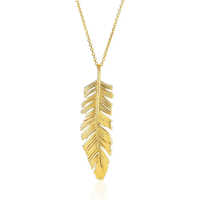 An image displaying 14k Yellow Gold with Textured Feather Pendant by Orca Market