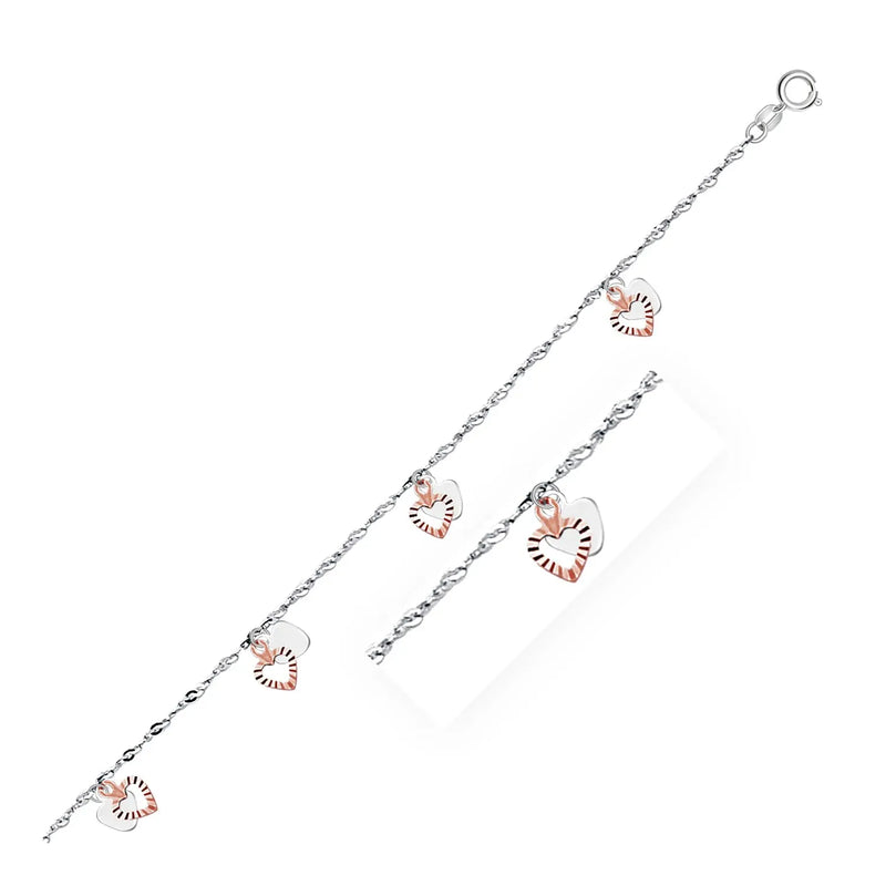 An image displaying 14k White and Rose Gold Anklet with Dual Heart Charms by Orca Market