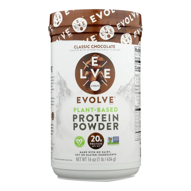 An image displaying Evolve Real Plant-powered Classic Chocolate Flavor Protein Powder - 1 Each - 16 Ounce by Evolve