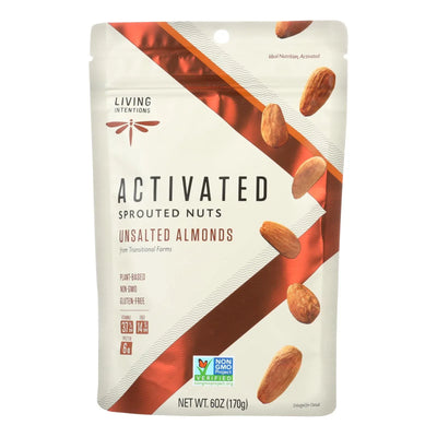 An image displaying Living Intentions Activated Sprouted Nuts Unsalted Almonds - Case Of 6 - 6 Ounce by Living Intentions