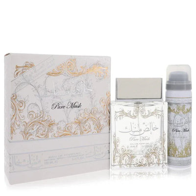 An image displaying Lattafa Pure Khalis Musk by Lattafa Eau De Parfum Spray Plus 1.7 Deodorant 3.4 oz for Women by Lattafa