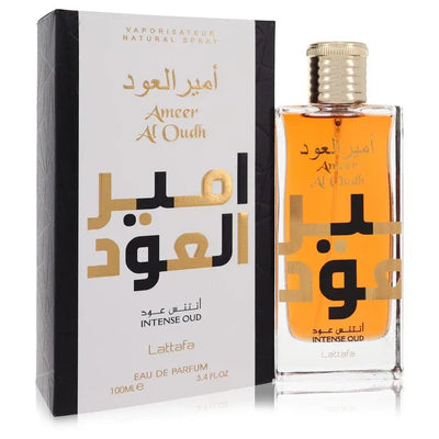 An image displaying Ameer Al Oudh Intense Oud by Lattafa Eau De Parfum Spray 3.4 oz for Women by Lattafa