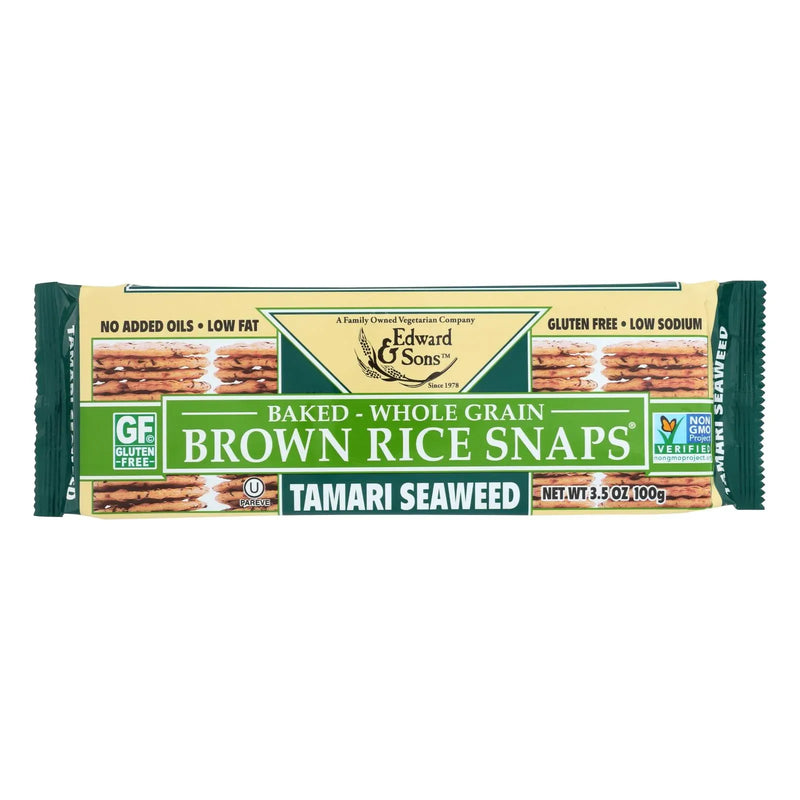 An image displaying Edward And Sons Brown Rice Snaps - Tamari Seaweed - Case Of 12 - 3.5 Ounce by Edward & Sons