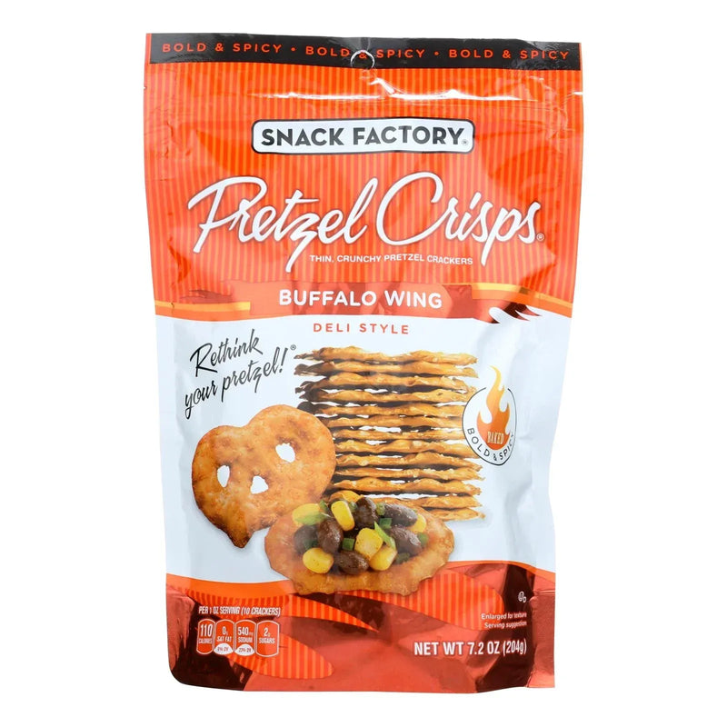 An image displaying Pretzel Crisp Buffalo Wing Thin, Crunchy Pretzel Crackers - Case Of 12 - 7.2 Ounce by Pretzel Crisp
