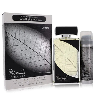 An image displaying Najdia by Lattafa Eau De Parfum Spray Plus 1.7 oz Deodorant 3.4 oz for Women by Lattafa