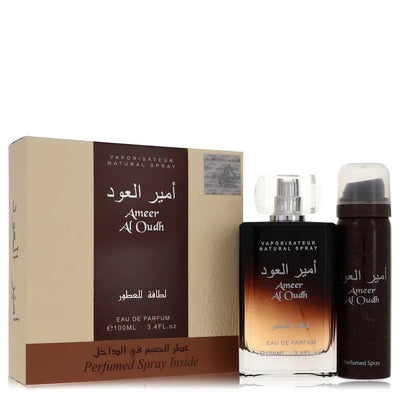 An image displaying Ameer Al Oudh by Lattafa Gift Set -- 3.4 oz Eau De Parfum Spray + 1.7 oz Perfumed Spray for Men by Lattafa