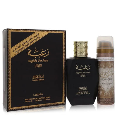 An image displaying Lattafa Raghba Man by Lattafa Eau De Parfum Spray plus 1.7 oz Deodorant Spray 3.4 oz for Men by Lattafa