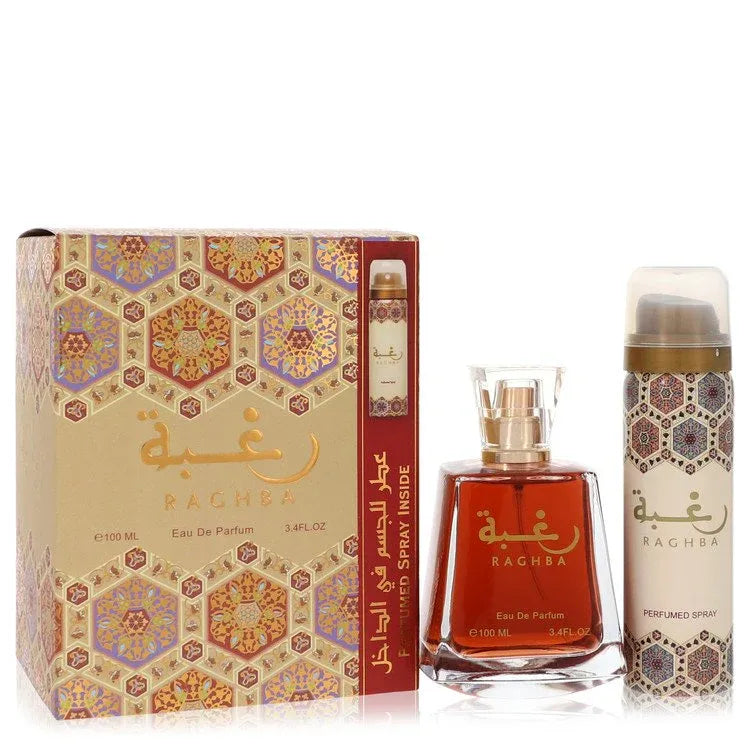 An image displaying Lattafa Raghba by Lattafa Eau De Parfum Spray Plus 1.7 oz Deodorant Spray 3.4 oz for Men by Lattafa