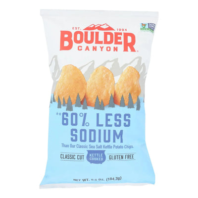 An image displaying Boulder Canyon Kettle Cooked Potato Chips, 60% Lower Sodium - Case Of 12 - 6.5 Oz by Boulder Canyon Natural Foods