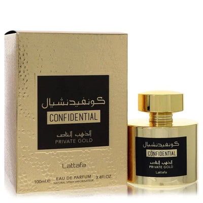 An image displaying Lattafa Confidential Private Gold by Lattafa Eau De Parfum Spray 3.4 oz for Men by Lattafa