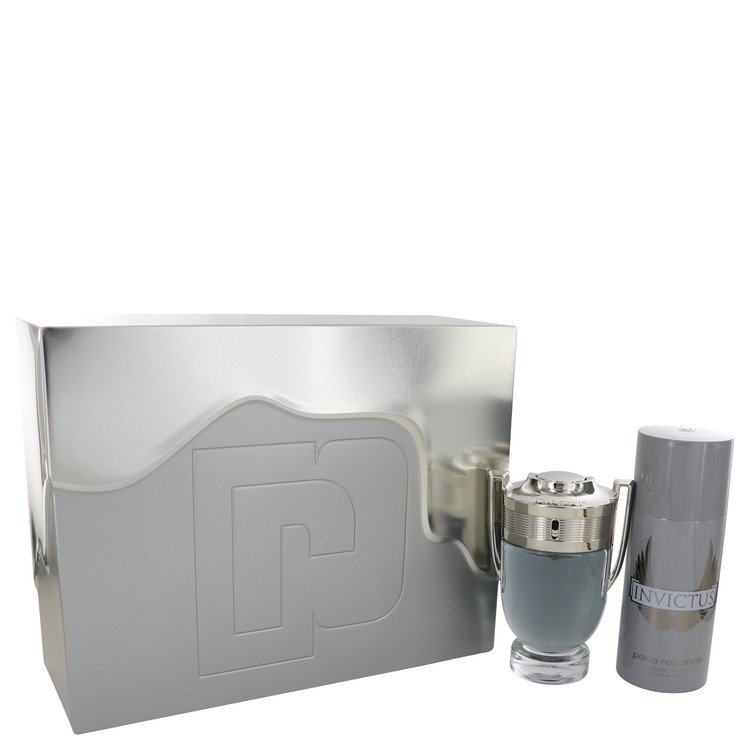 An image displaying Invictus by Paco Rabanne Gift Set -- 3.4 oz Eau De Toilette Spray + 5.1 oz Deodorant Spray for Men by Paco Rabanne