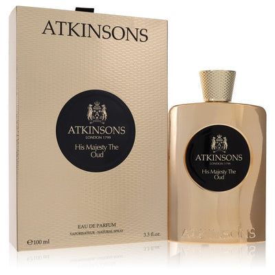 An image displaying His Majesty The Oud by Atkinsons Eau De Parfum Spray 3.3 oz for Men by Atkinsons