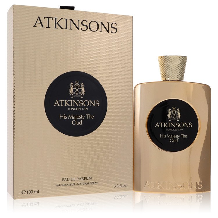 An image displaying His Majesty The Oud by Atkinsons Eau De Parfum Spray 3.3 oz for Men by Atkinsons