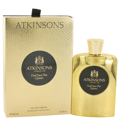 An image displaying Oud Save The Queen by Atkinsons Eau De Parfum Spray 3.3 oz for Women by Atkinsons