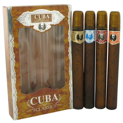 An image displaying Cuba Gold by Fragluxe Gift Set -- Cuba Variety Set includes All Four 1.15 oz Sprays, Cuba Red, Cuba Blue, Cuba Gold and Cuba Orange for Men by Fragluxe