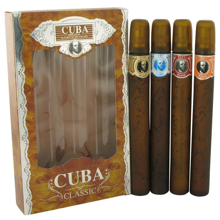 An image displaying Cuba Gold by Fragluxe Gift Set -- Cuba Variety Set includes All Four 1.15 oz Sprays, Cuba Red, Cuba Blue, Cuba Gold and Cuba Orange for Men by Fragluxe