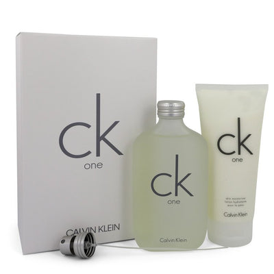 An image displaying Ck One by Calvin Klein Gift Set -- 6.7 oz Eau De Toilette Spray + 6.7 oz Body Moisturizer for Men by Calvin Klein