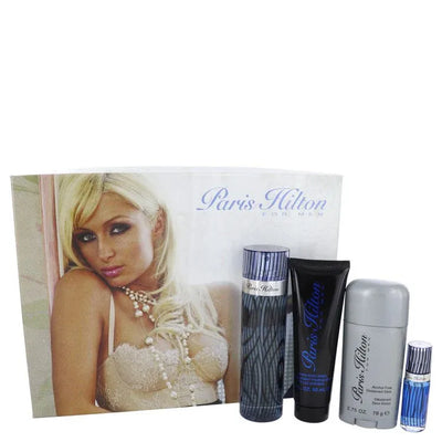 An image displaying Paris Hilton by Paris Hilton Gift Set -- 3.4 oz Eau De Toilette Spray + 3 oz Body Wash + 2.75 oz Deodorant Stick + .25 Mini EDT Spray for Men by Paris Hilton