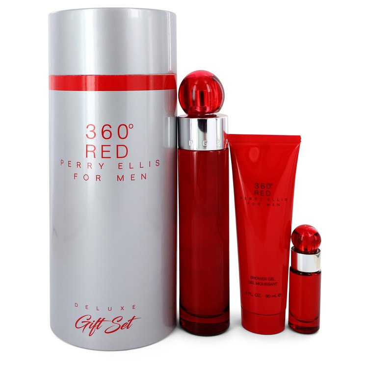 An image displaying Perry Ellis 360 Red by Perry Ellis Gift Set -- 3.4 oz Eau De Toilette Spray + .25 oz Mini EDT Spray + 3 oz Shower Gel in Tube Box for Men by Perry Ellis