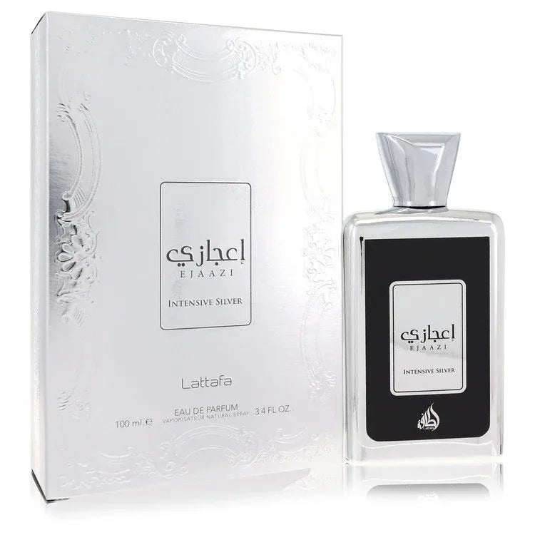 An image displaying Lattafa Ejaazi Intensive Silver by Lattafa Eau De Parfum Spray 3.4 oz for Women by Lattafa