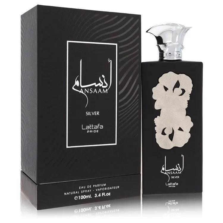 An image displaying Lattafa Pride Ansaam Silver by Lattafa Eau De Parfum Spray 3.4 oz for Women by Lattafa