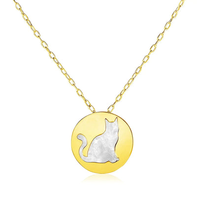 An image displaying 14k Yellow Gold Necklace with Cat Symbol in Mother of Pearl by Orca Market