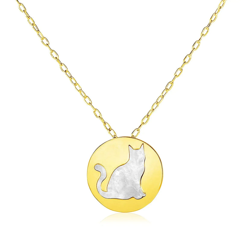 An image displaying 14k Yellow Gold Necklace with Cat Symbol in Mother of Pearl by Orca Market