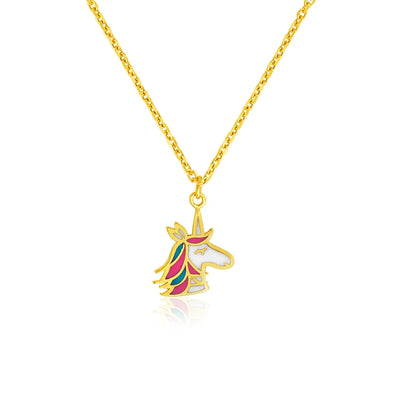 An image displaying 14k Yellow Gold Childrens Necklace with Enameled Unicorn Pendant by Orca Market