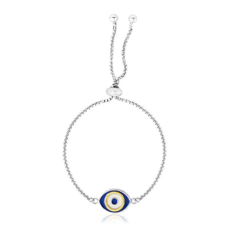 An image displaying Sterling Silver Adjustable Two Toned Enameled Evil Eye Friendship Bracelet by Orca Market