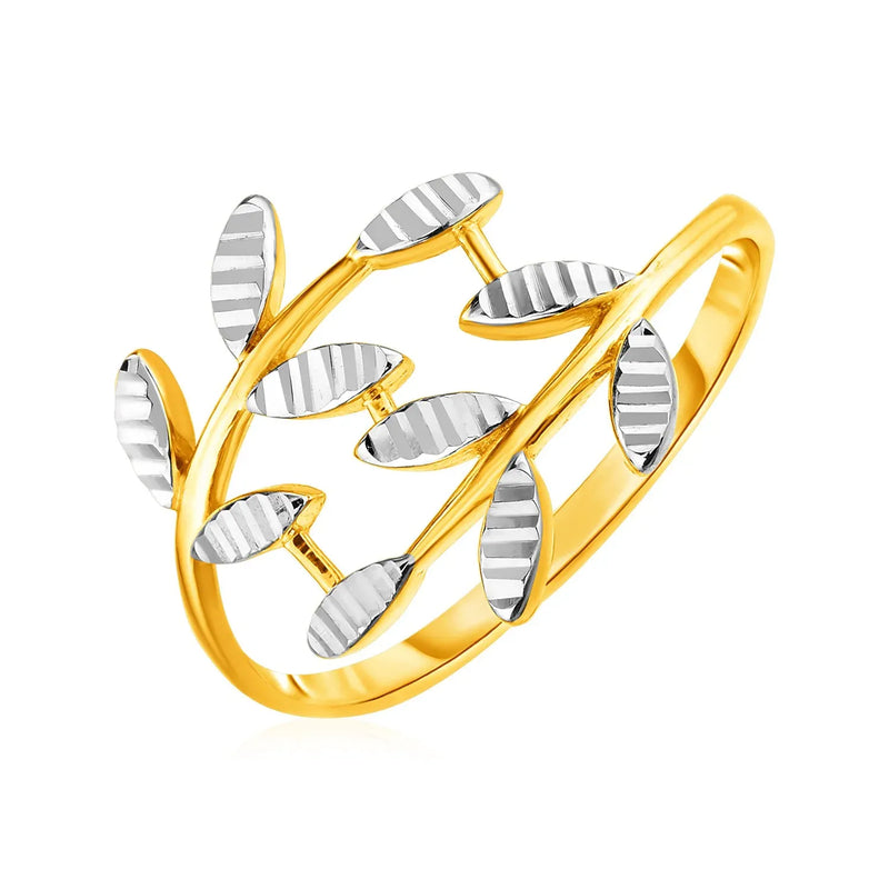 An image displaying 14k Two Tone Gold Crossover Ring with Textured Leaves by Orca Market