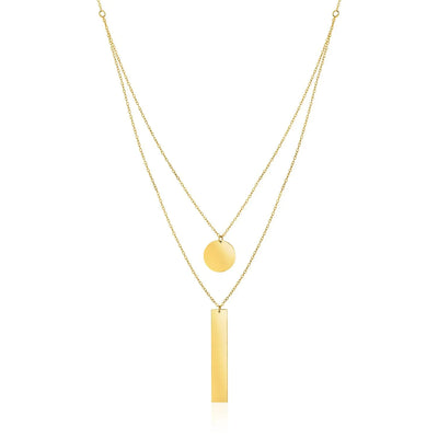 An image displaying 14k Yellow Gold 18 inch Two Strand Necklace with Circle and Bar Pendants by Orca Market