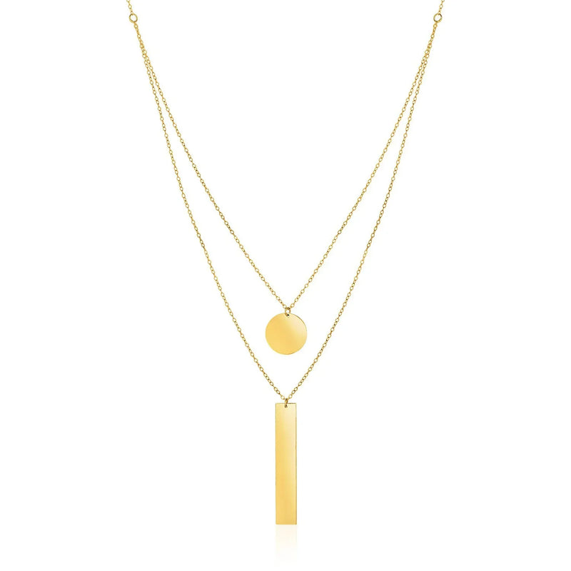 An image displaying 14k Yellow Gold 18 inch Two Strand Necklace with Circle and Bar Pendants by Orca Market