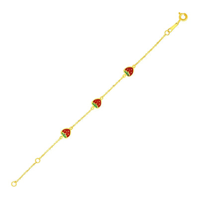 An image displaying 14k Yellow Gold 5 1/2 inch Childrens Bracelet with Enameled Strawberries by Orca Market