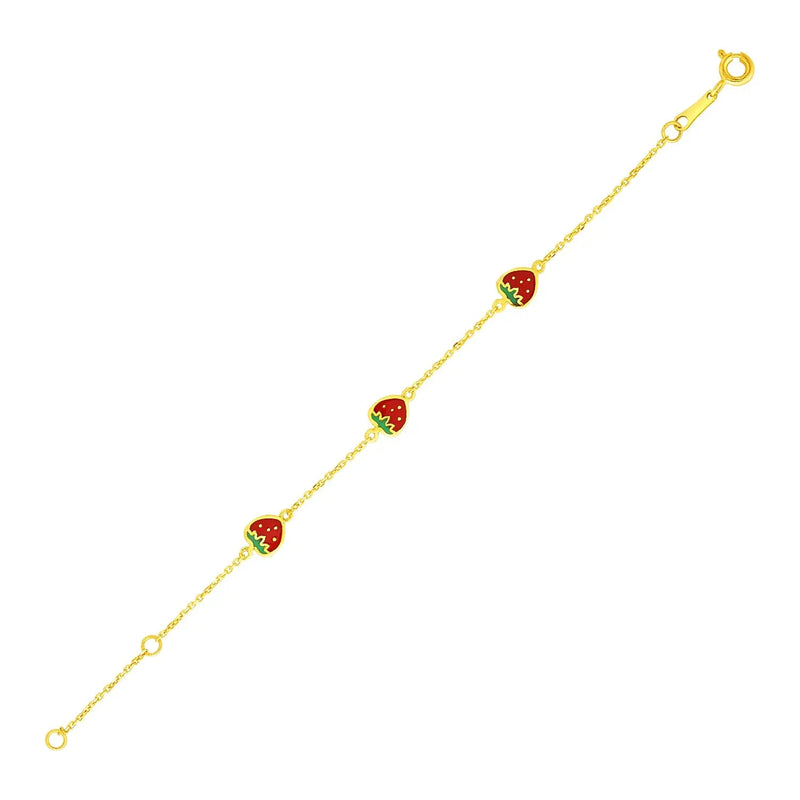 An image displaying 14k Yellow Gold 5 1/2 inch Childrens Bracelet with Enameled Strawberries by Orca Market