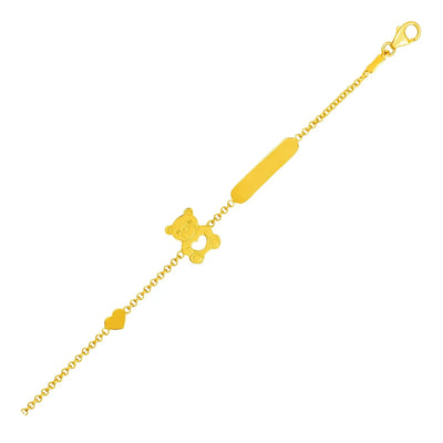 An image displaying 14k Yellow Gold Childrens Bracelet with Teddy Bear Heart and Bar by Orca Market
