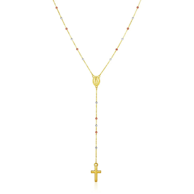 An image displaying 14k Tri Color Gold Lariat Rosary Necklace by Orca Market