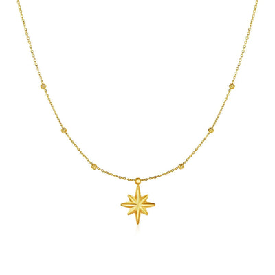 An image displaying 14k Yellow Gold Necklace with Eight Pointed Star and Beads by Orca Market