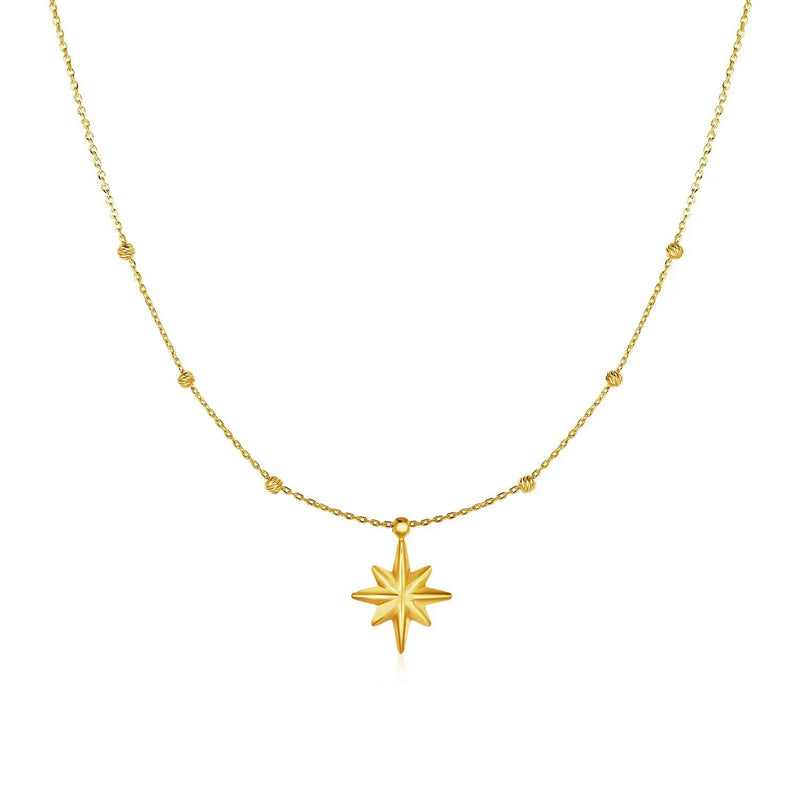 An image displaying 14k Yellow Gold Necklace with Eight Pointed Star and Beads by Orca Market