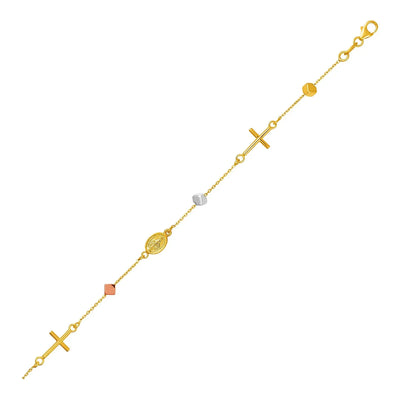 An image displaying 14k Tri Color Gold Bracelet with Crosses Cubes and Medallions by Orca Market