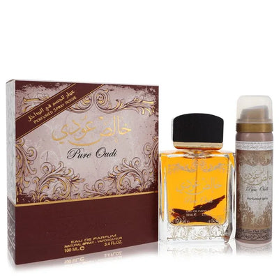 An image displaying Lattafa Pure Oudi by Lattafa Eau De Parfum Spray Plus 1.7 oz Deodorant 3.4 oz for Women by Lattafa
