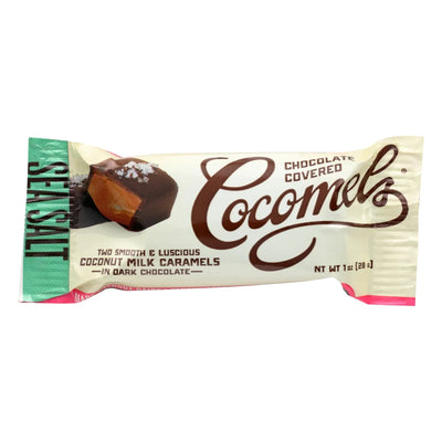 An image displaying Cocomel - Dark Chocolate Covered Cocomel -s - Sea Salt - Case Of 15 - 1 Ounce by Cocomels